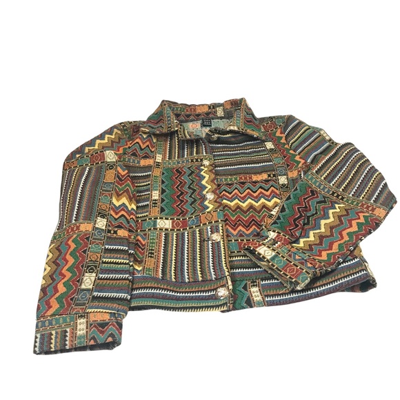 Geometric Patchwork Jacket | Boho Vintage-Style Tapestry Coat - Picture 3 of 12